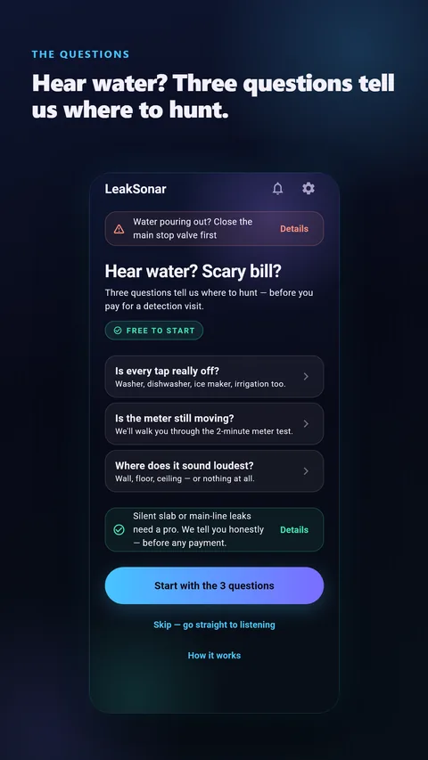 Home screen: three questions before the hunt, or skip straight to listening
