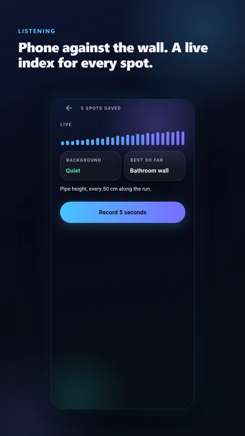 Listening: the phone pressed against a wall, a live leak index for the spot