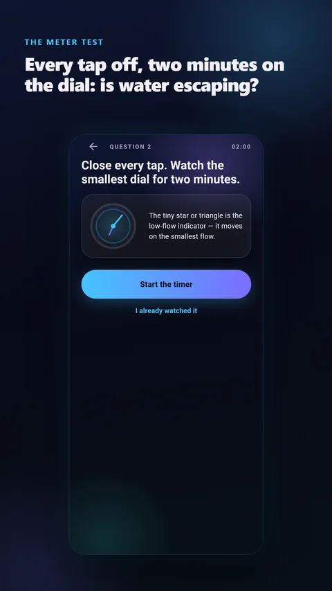 The two-minute meter test: every tap off, watching the smallest dial